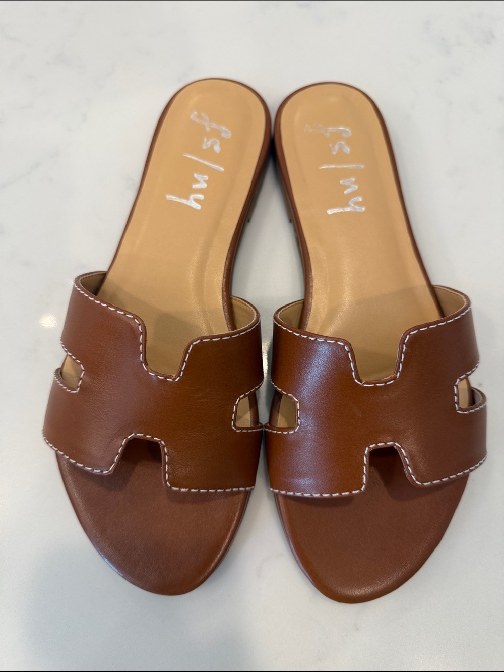 French Sole Brown Leather Slide Sandals